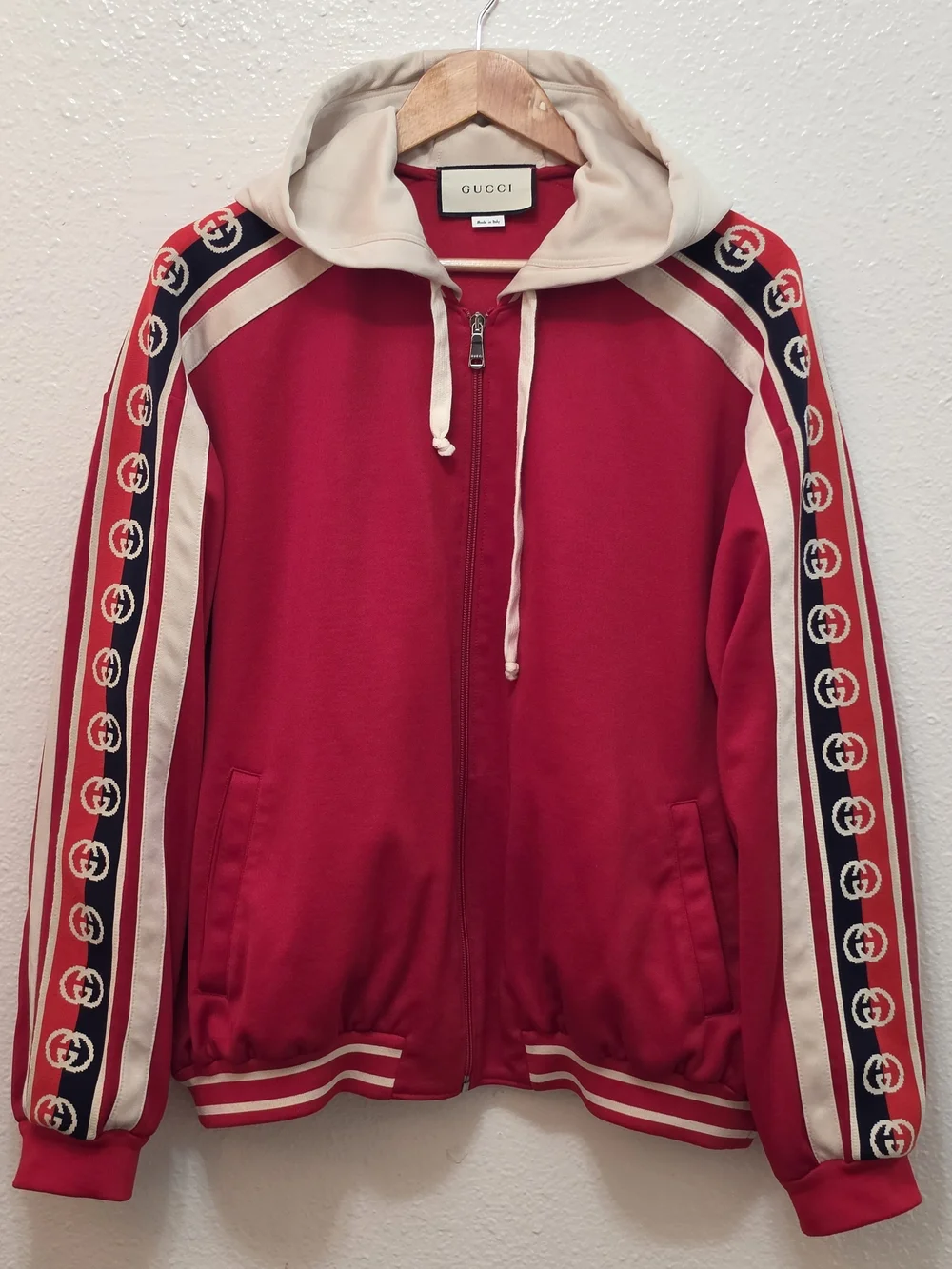 Gucci Red and Cream Logo-Trim Bomber Hoodie